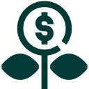 Icon of a dollar sign inside a circle, with two leaves or plant-like shapes beneath, representing financial growth or investment.