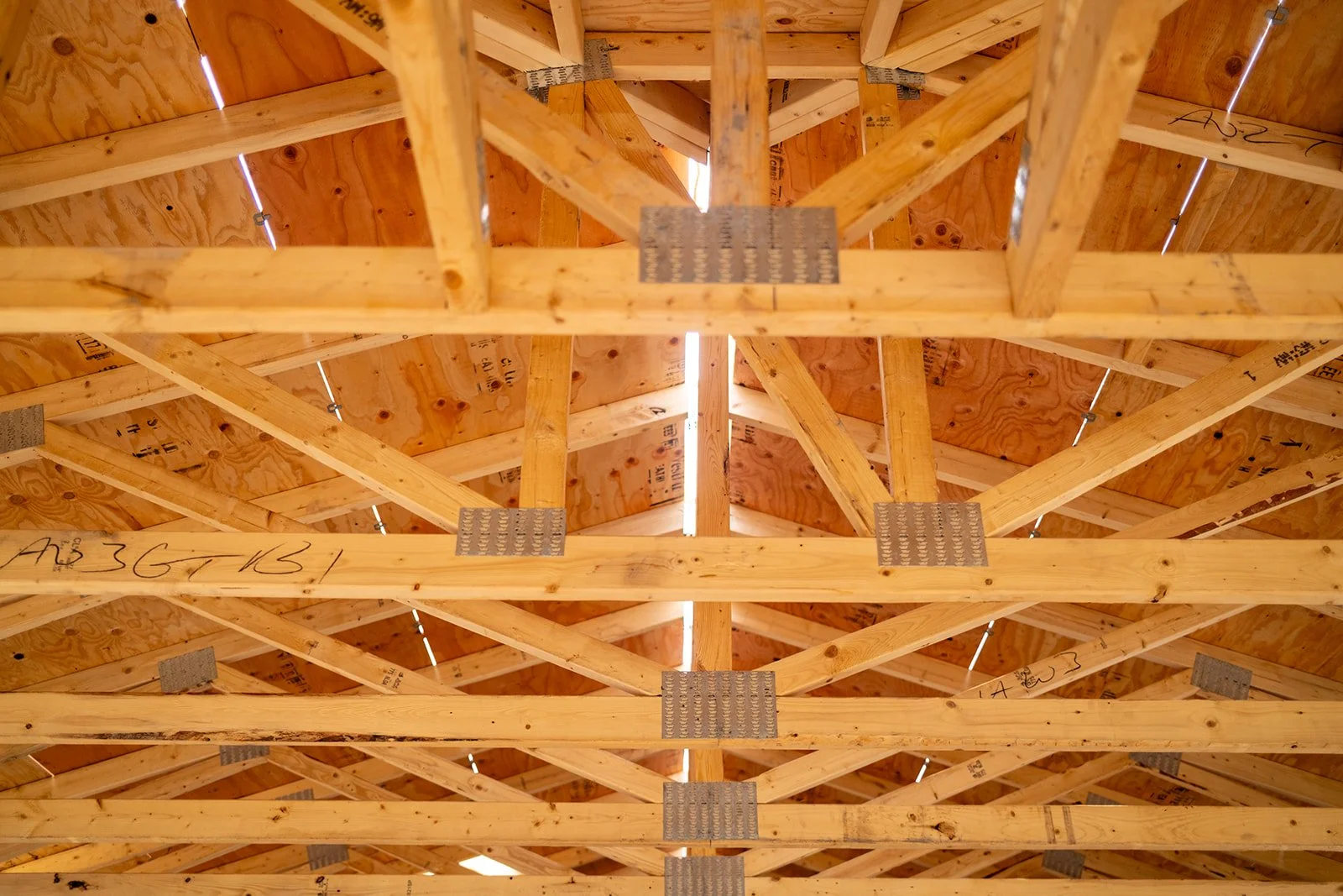 View of the wooden roof framework of a building under construction, showing exposed wooden beams and trusses.