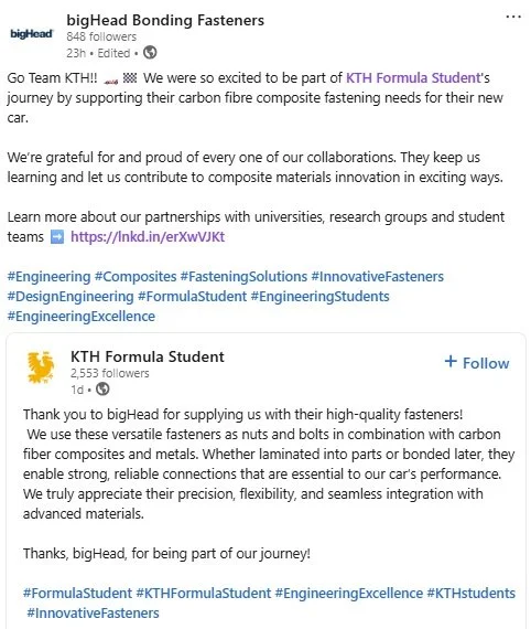 A LinkedIn post for bigHead about their university partnerships