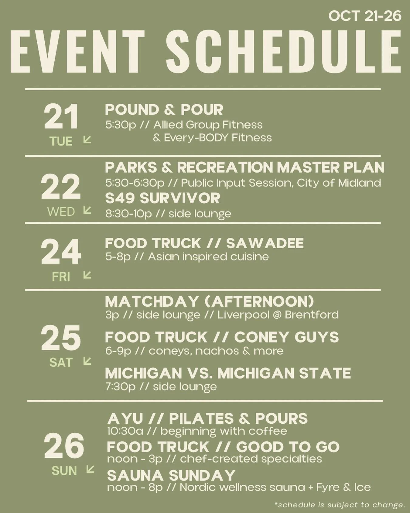 big week at your center city third place.
POUND & Pours tonight with @alliedgroupfitness + @everybody_fitness.bodylove (spots still available) // tomorrow @midlandparks input session for the new recreation master plan at 5:30p // @survivorcbs S49