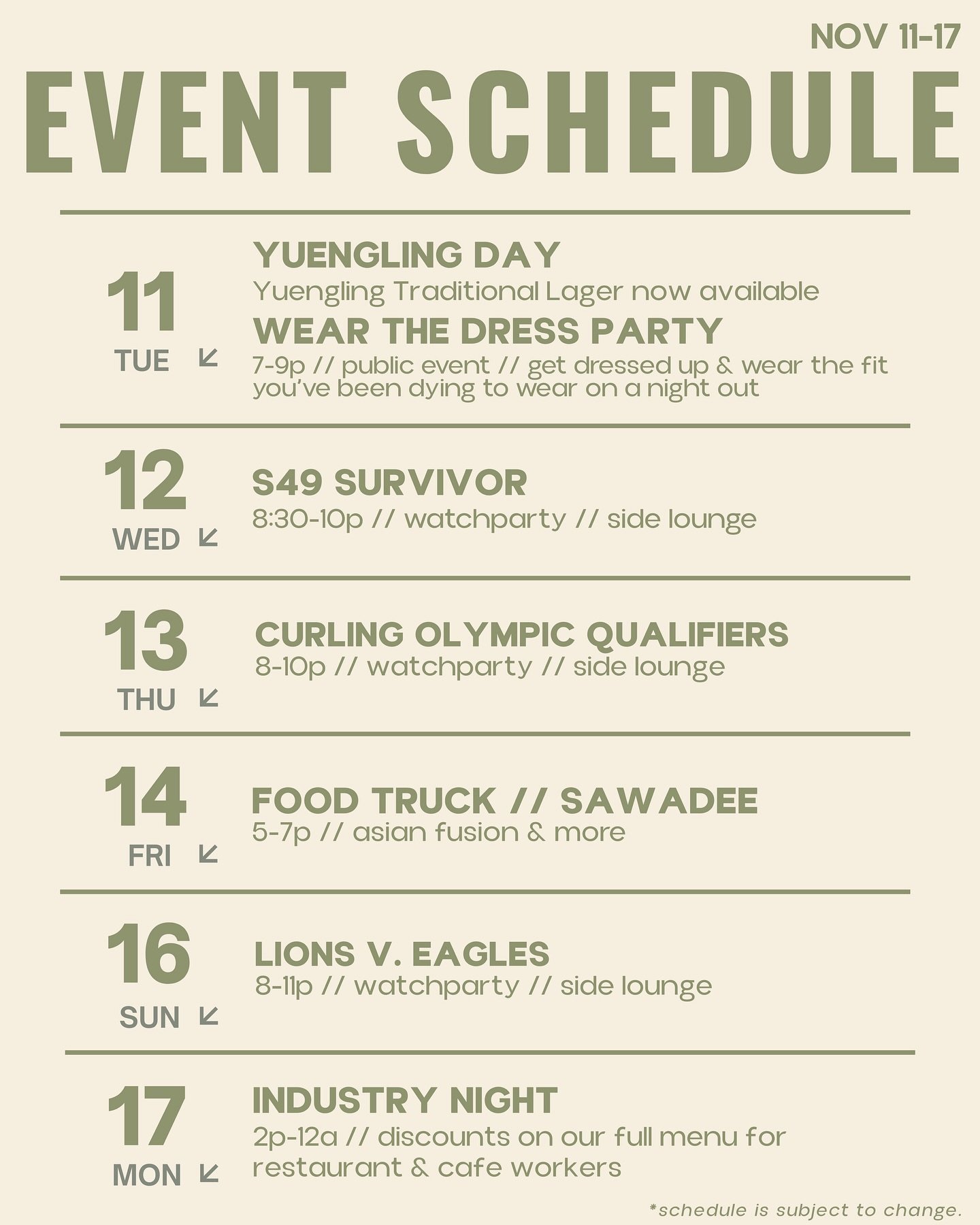 this weeks event lineup. you asked for it, we got it. @yuenglingbeer traditional lager is officially tapped &amp; pourin. wear the dress event tonight. Survivor S49 Watchparty tomorrow. @sawadeemidland food truck Friday @ 5p. watchparties, goodies, f