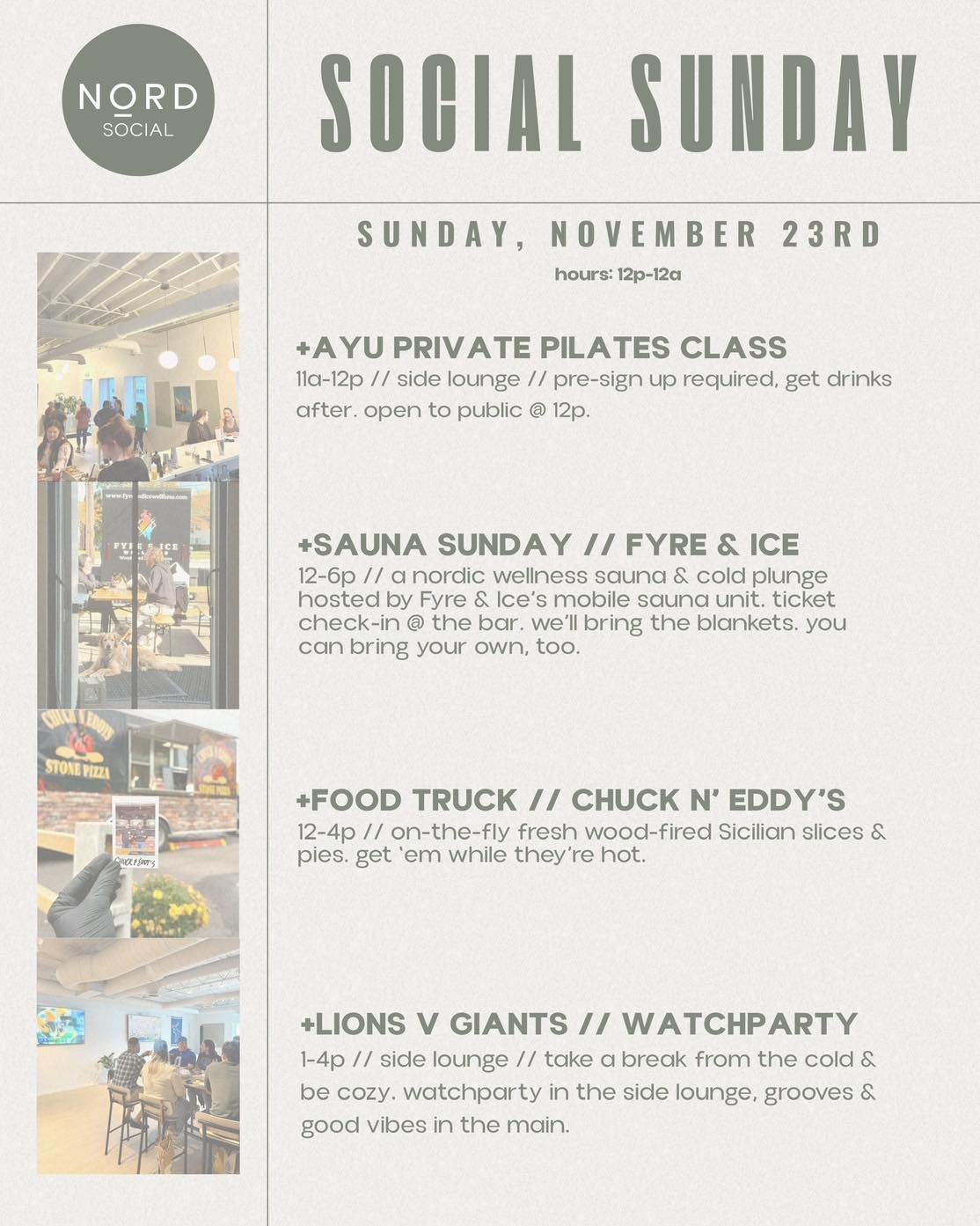 today&rsquo;s the day&hellip; social Sunday is here. It&rsquo;ll be an afternoon of community, cozy, hygge. open 12p-12a. setting the tone by rejuvenating w/ @fyreandicewellness mobile sauna unit from 12-6p, @chuckneddys food truck dishing out delici