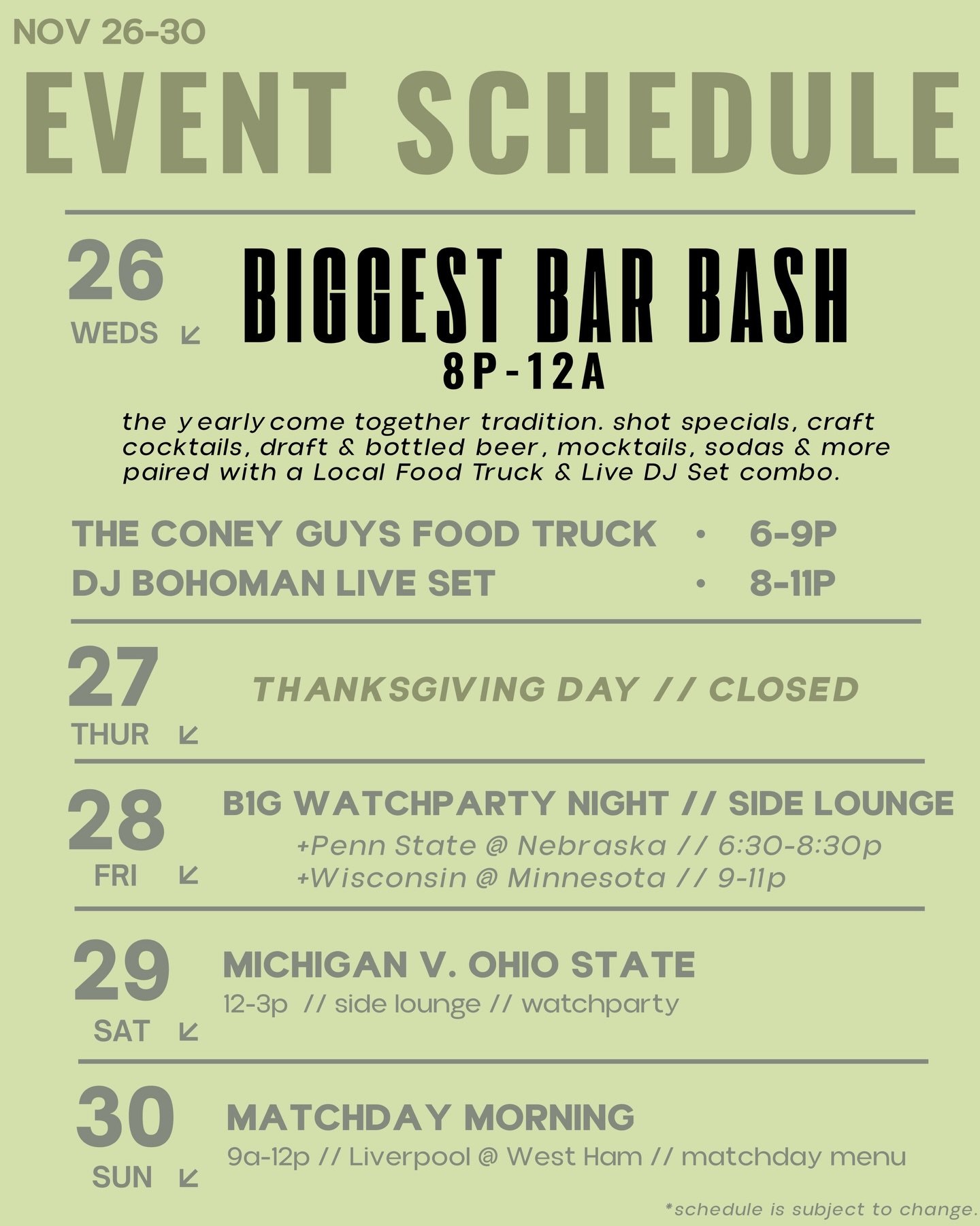 plans, parties, family &amp; coming together. we&rsquo;ve got just about every day booked out to give you &amp; the gang something to do all week long. btw, you won&rsquo;t wanna miss our first biggest bar night bash this wednesday. we&rsquo;ve got a