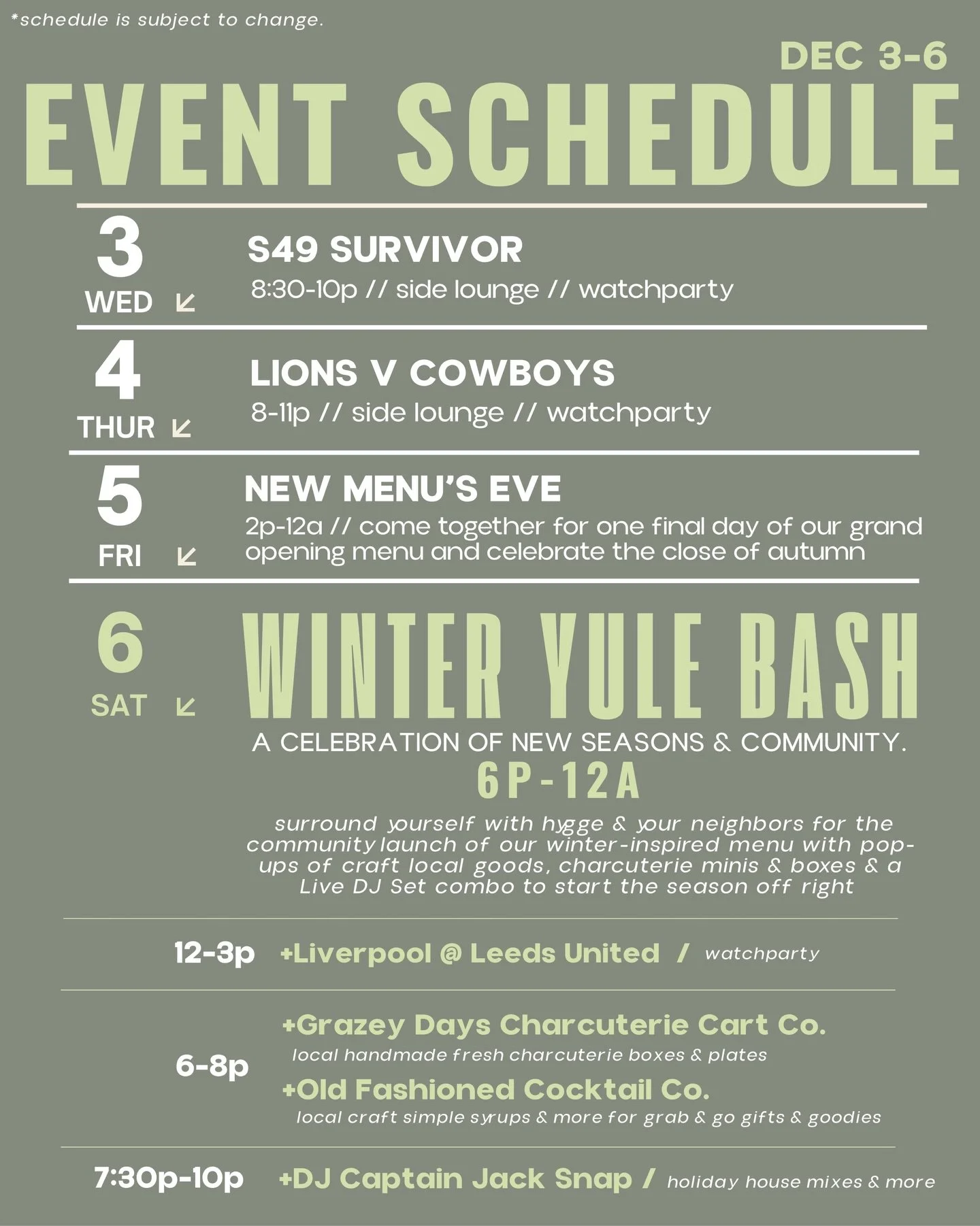 new week new weather new menu new events new pop ups &amp; new celebrations all for the same center city friends we&rsquo;re ready to ring in the new szn with. open 2-12 today. 

Winter Yule Launch Party this Saturday with local pop-up vendors, dj in