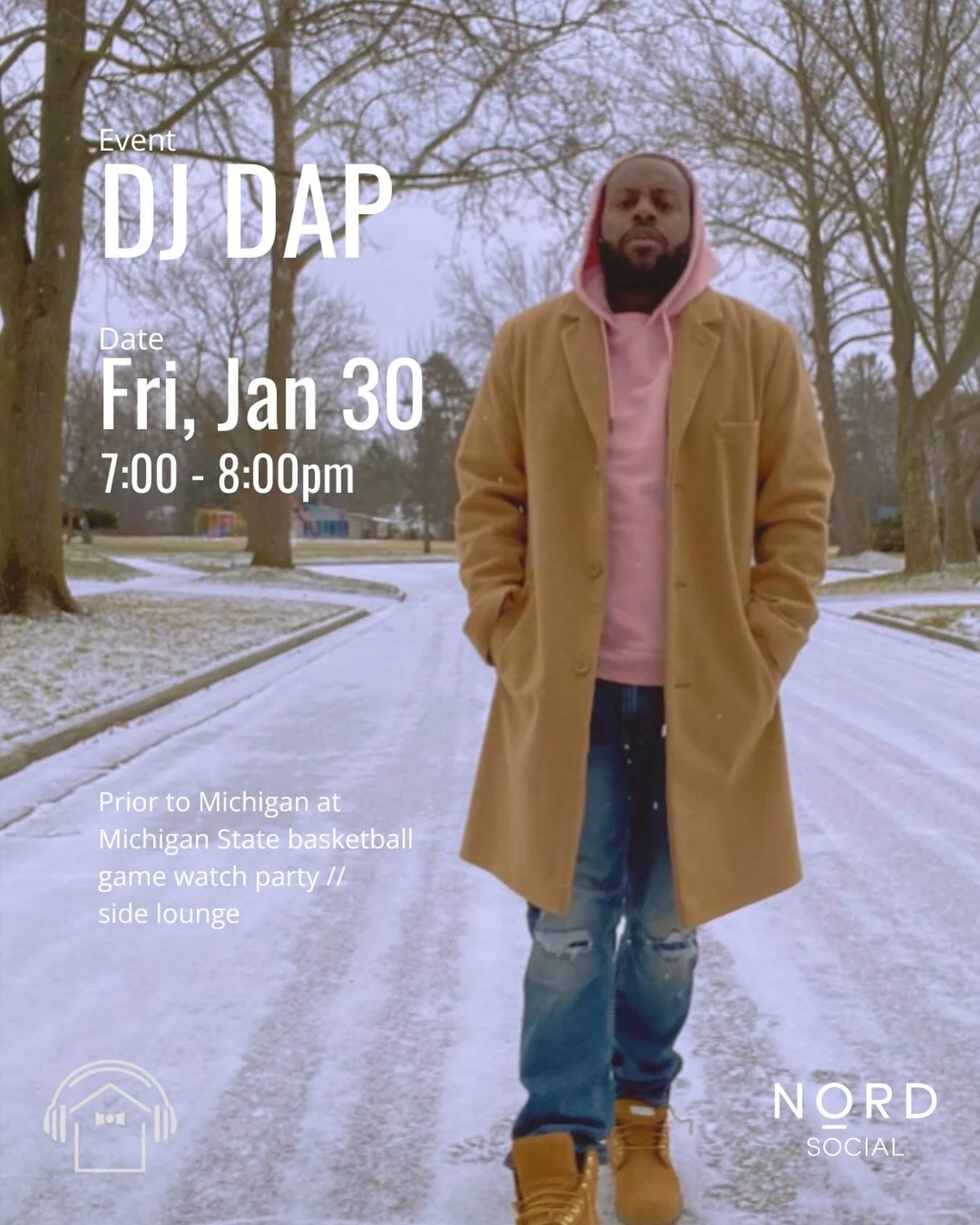 Circle it. Lock it in.
DJ Dap is taking over the speakers before the Michigan v. Michigan State showdown. Be there early. Watch party // side lounge. We&rsquo;re open today 2pm-midnight. Discounts for service industry members all day today.