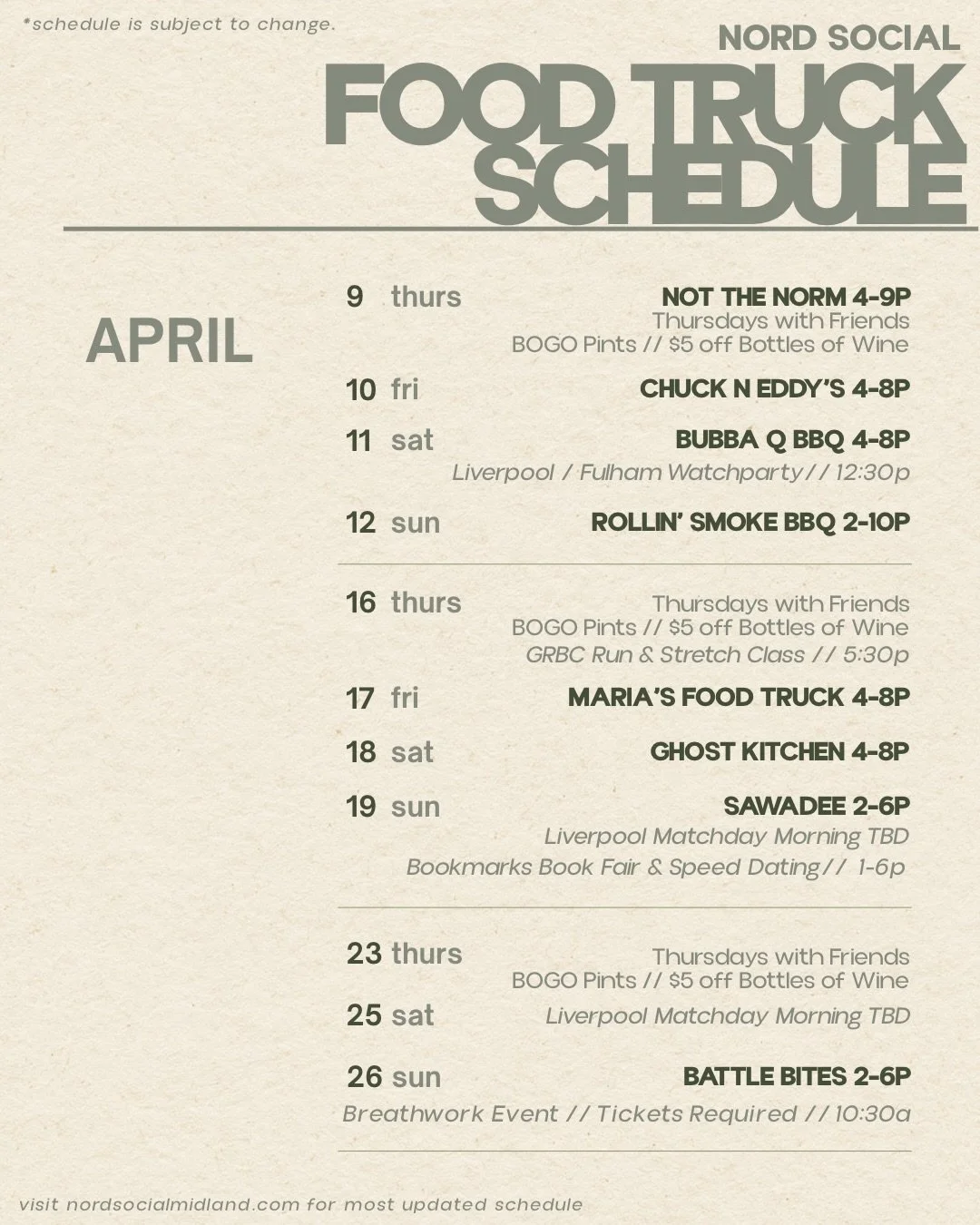 hey there! our food truck friends officially return for April😋🚚 which means we&rsquo;ll have food at Nord most thursdays-sundays moving forward. let&rsquo;s goooooo.

*any food trucks interested in open dates please send us a direct message