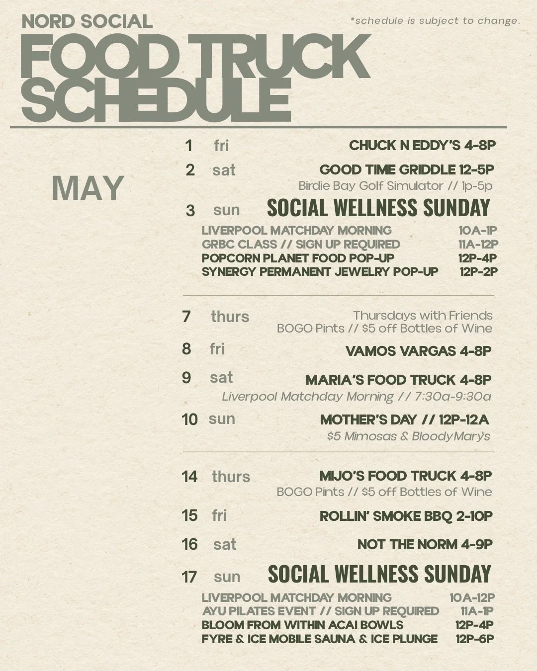 oh, hi!👋🚚 here&rsquo;s our food truck schedule for May!
