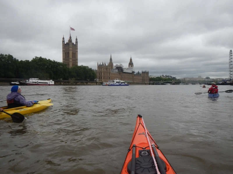 Tidal Thames - A View of the Houses of Parliament and the Millennium Wheel - A view of the Houses of Parliament and the Millennium Wheel on a out and back trip from Barnes Bridge to the London Festival Hall. The front of Bob and Jo's Kiwi 2 is on the