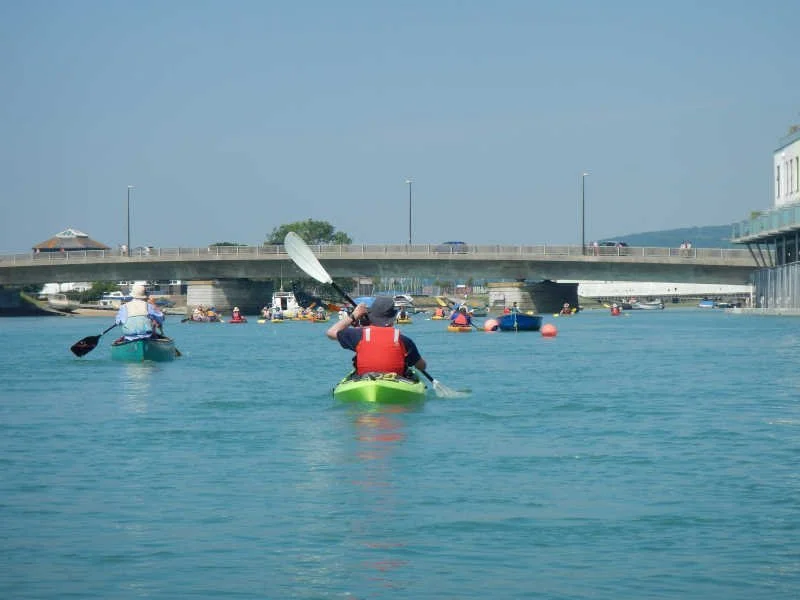 On the Adur at Shoreham - Making our way under Shoreham Road Bridge on the River Adur in July 2017. This trip took us near to Bramber Castle where a few of us then walked to, buying ice creams, before returning to Shoreham on the outgoing tide.
