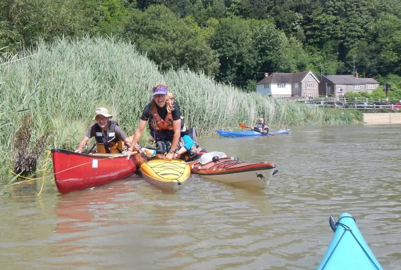 A tricky entry on the R Arun near the Black Rabbit - Using an open canoe to re-enter a kayak on the R Arun after a quick stop, near the Black Rabbit pub. We were paddling from Littlehampton to Houghton on day 1 of our weekend paddle. Aug 2015