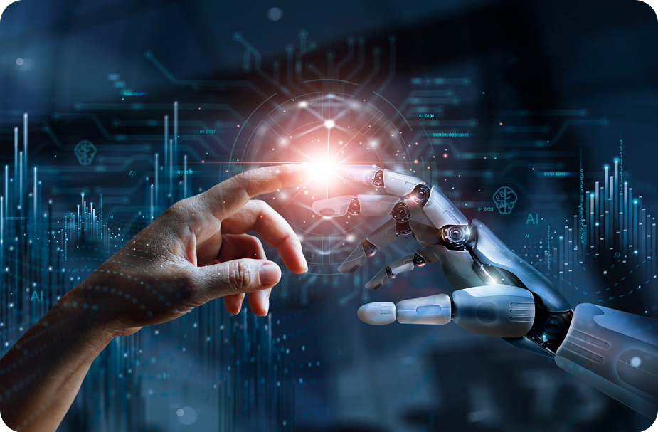 A human finger and a robotic hand touch fingertips in front of a digital, futuristic background with bright light, data, and graphics representing artificial intelligence and technology.