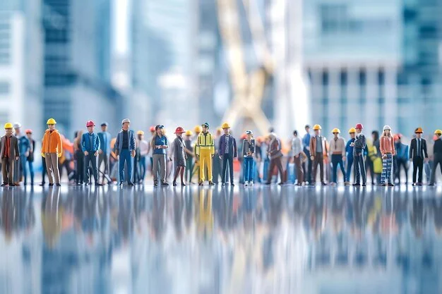 Miniature figurines of construction workers and businesspeople standing on a reflective surface in front of a modern glass building.