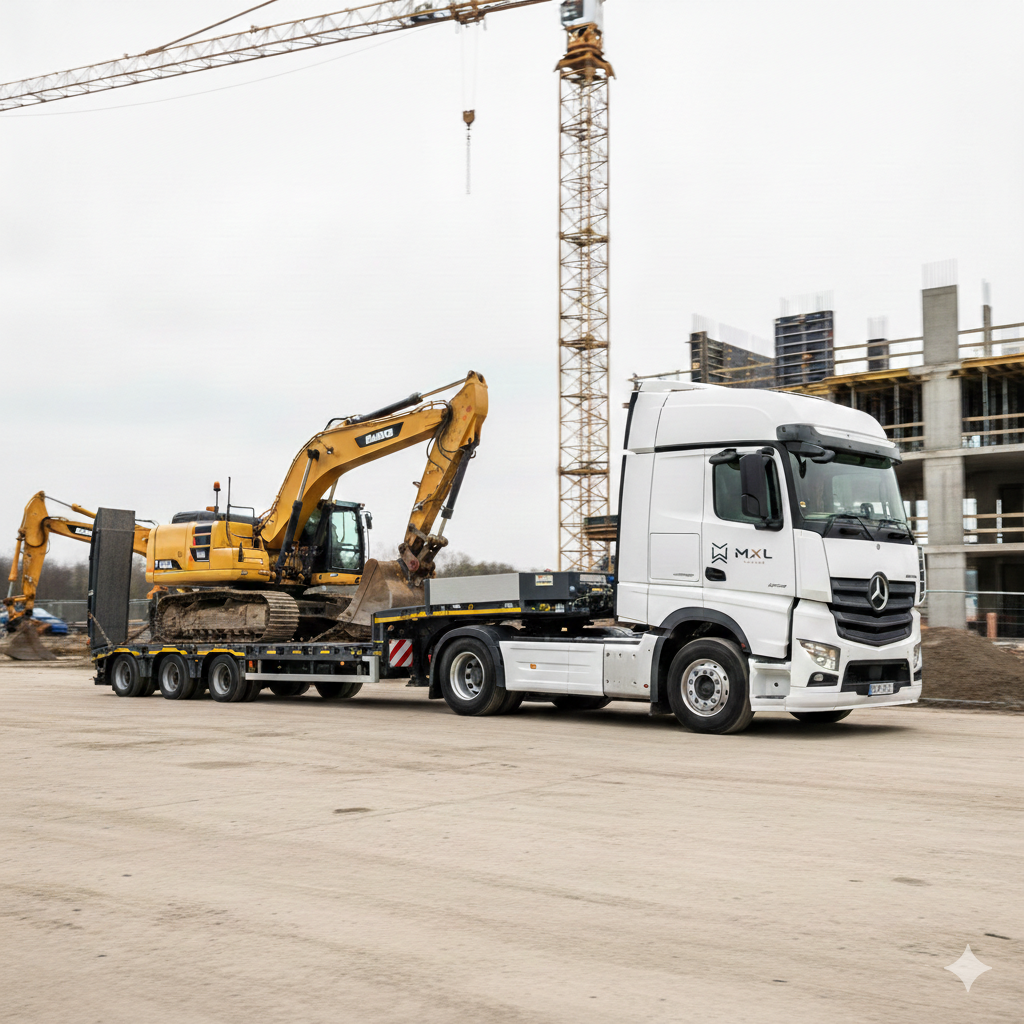 Semi-remorque plateau porte engins