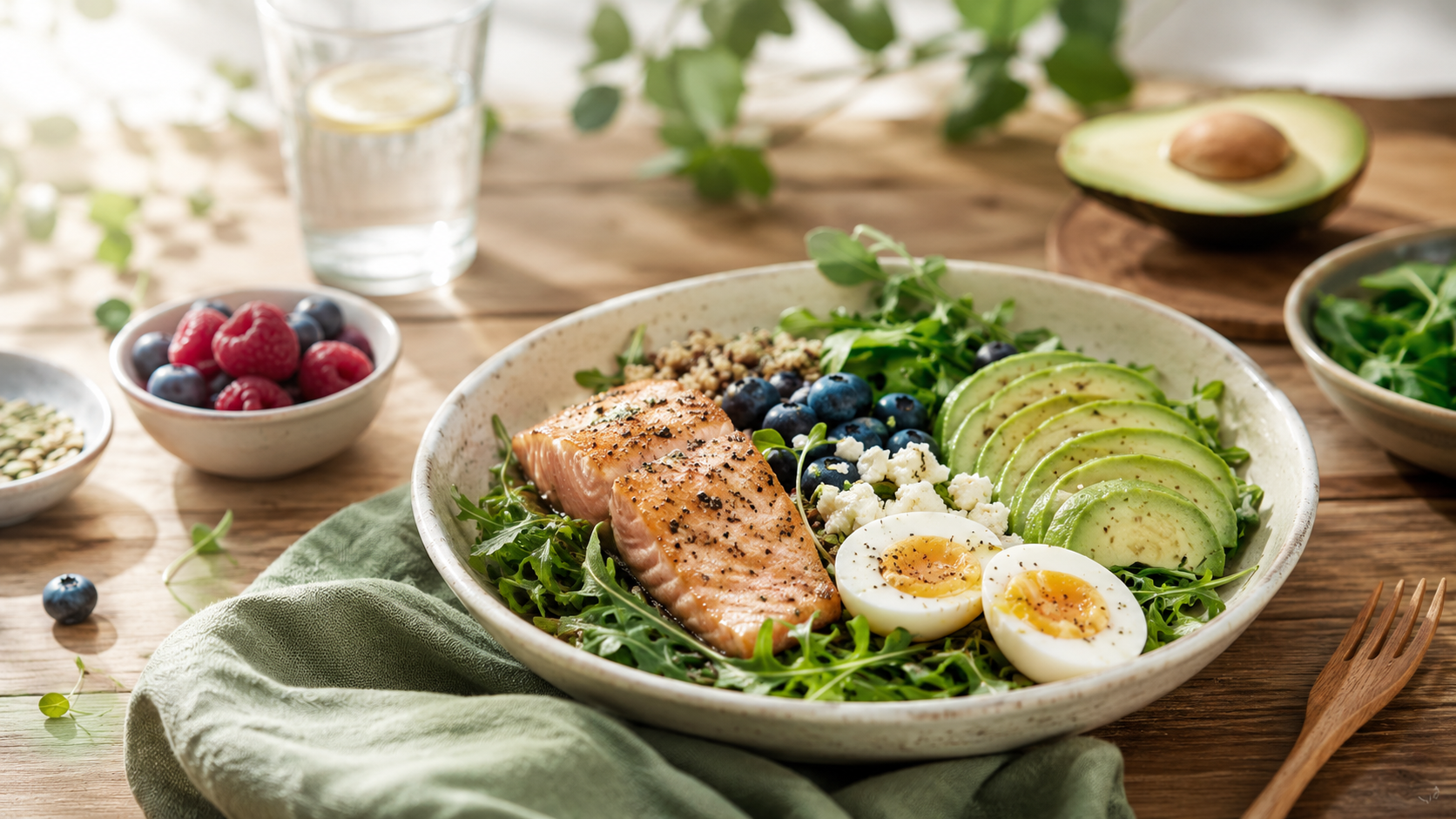 Image of salmon, eggs, and avacado as part of a balanced insulin reset plan.