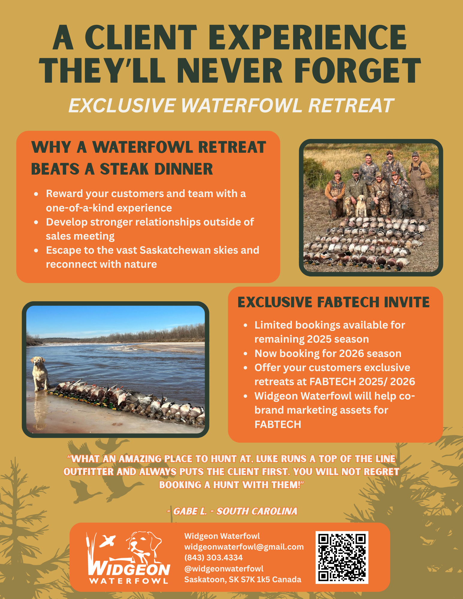 Flyer for Widgeon Waterfowl, promoting exclusive waterfowl retreats and a memorable client experience in Saskatchewan, featuring photos of hunters with a large collection of game, and a dog near the water.