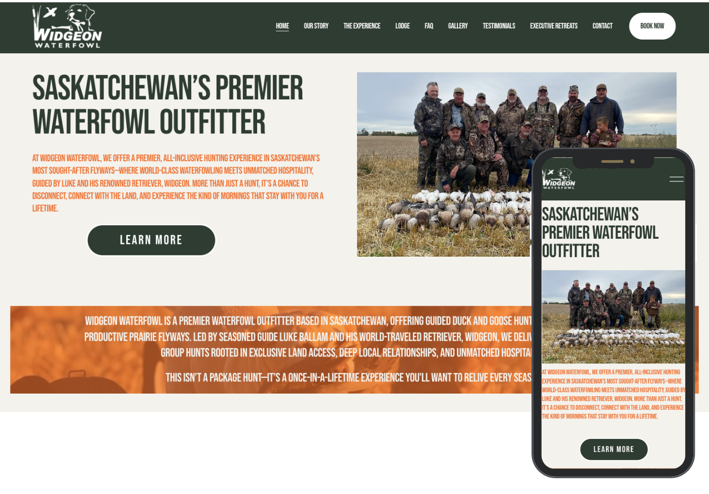 Webpage showing a hunting outfitter in Saskatchewan, with a large group of hunters posing outdoors with a hunt of ducks and geese, and a mobile view of the same webpage with similar content and image.