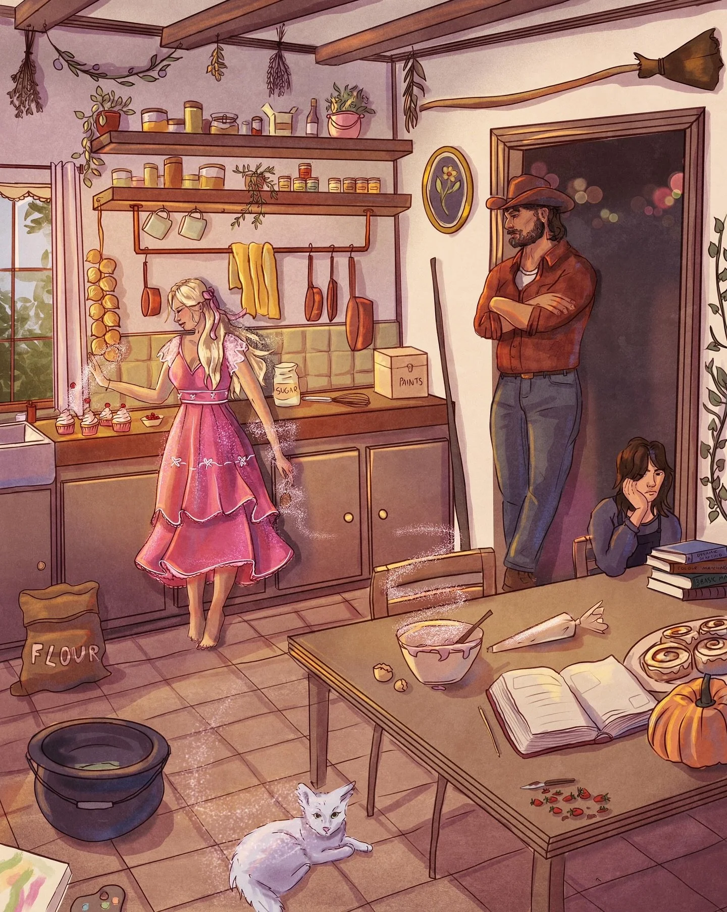 The trio 🥰🩷✨ One month since publication seems like a good excuse to share this perfect, perfect, perfecttt Uncharmed illustration by @summerrgrove ✨ Annie&rsquo;s sugary sweet baking magic, Hal&rsquo;s &lsquo;confused but falling hard&rsquo; face,