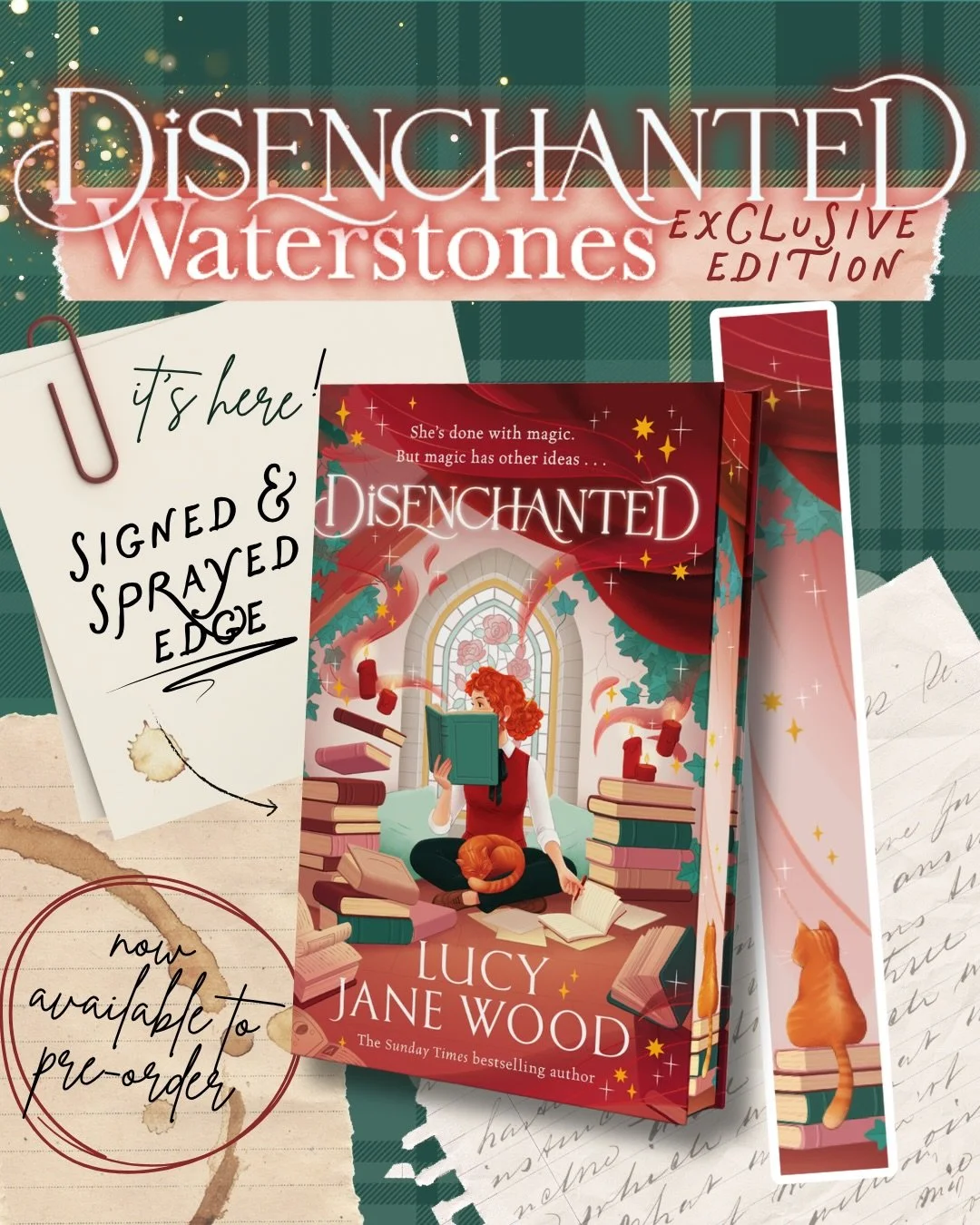 🌹✨ The @waterstones special edition of Disenchanted has landed online and is available to pre-order now 🥰 Magical ginger cat on the sprayed edge! Gorgeous constellation end papers! Signed by me while I inevitably binge-watch a 00s show in my living
