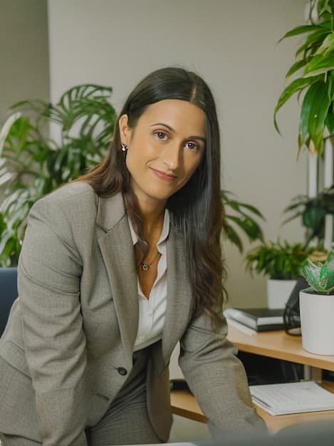 A woman with long dark hair in a gray business suit standing in an office with plants and documents.