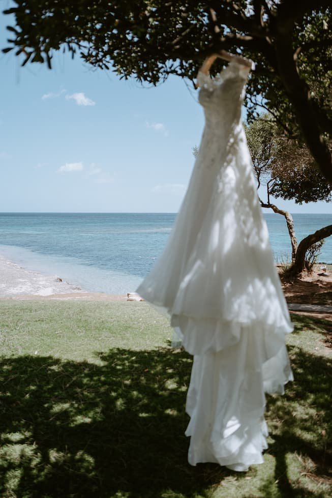 A white wedding dress hanging from a tree branch on a grassy area near a beach, with the ocean and blue sky in the background.