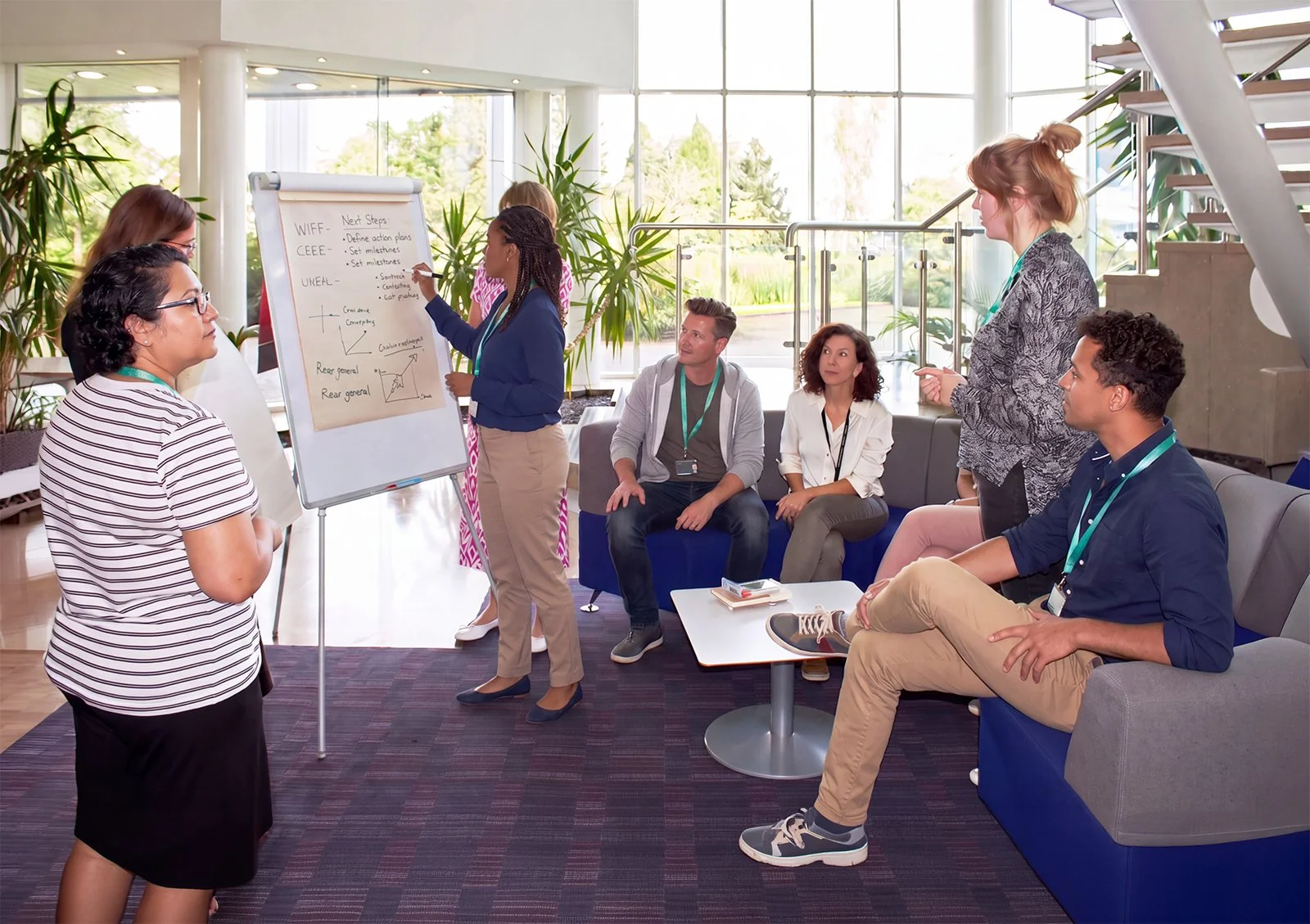 Kate Jennings working with a group of leaders in tech around a fliop chart in one of the tech leadership course modules.
