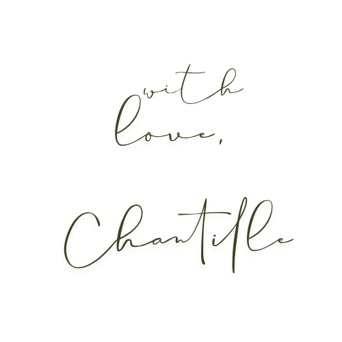 Handwritten text says, 'With love, Chantille,' on a black background.