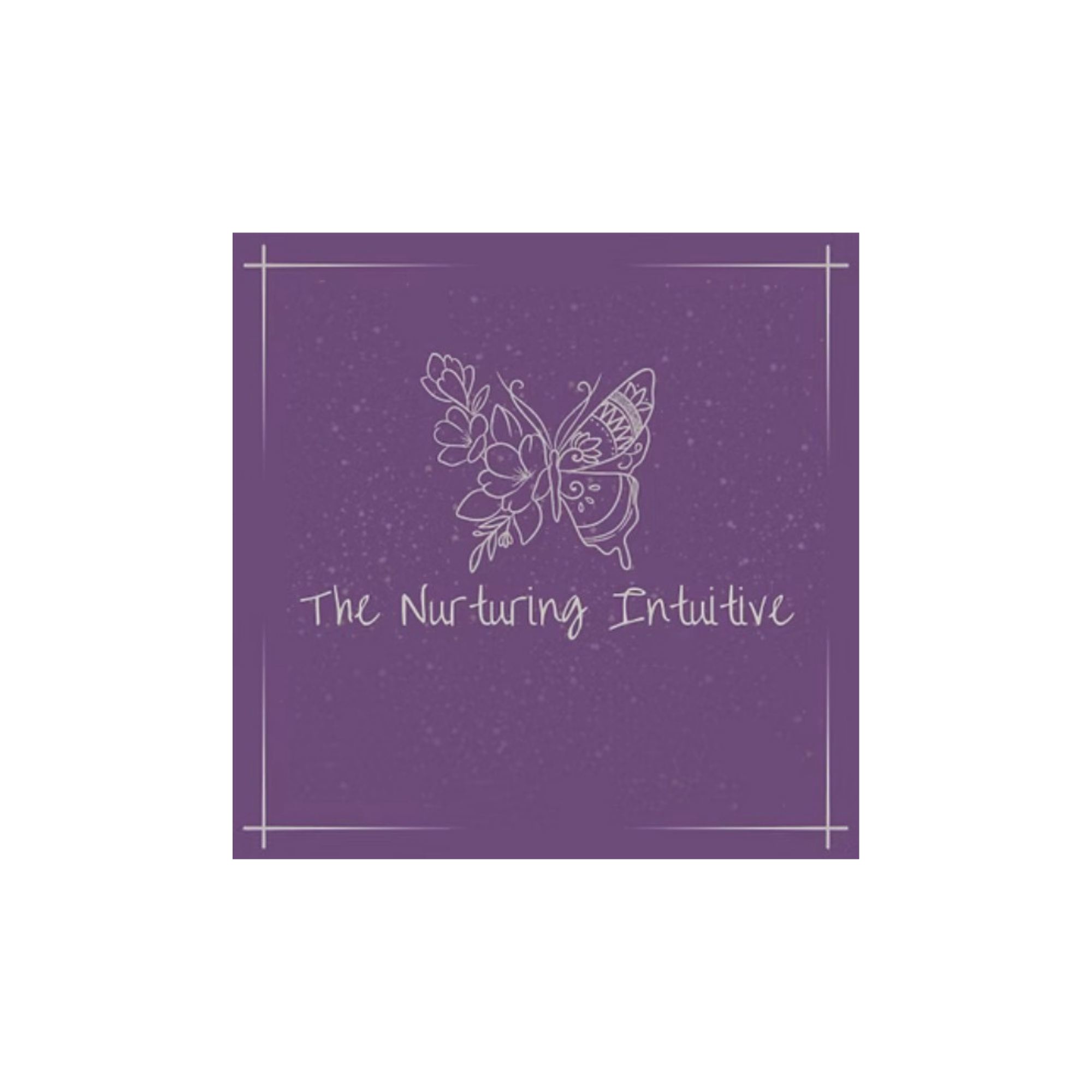Business logo titled "The Nurturing Intuitive" with a deep purple background, white floral butterfly design, and decorative borders.
