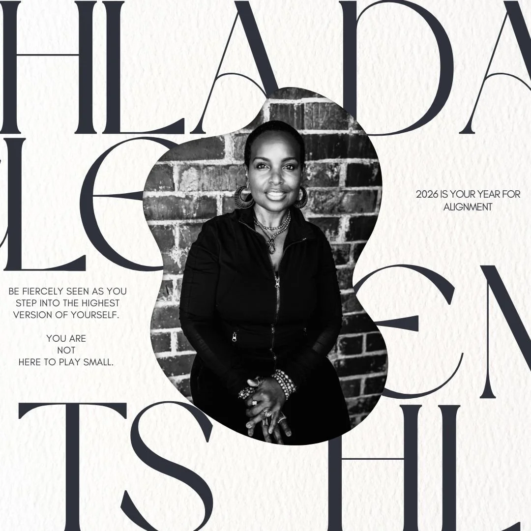 Black and white portrait of a woman sitting in front of a brick wall, surrounded by large text and motivational quotes for 2026.
