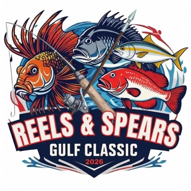 Colorful fish (gag grouper, red snapper, amberjack, and lionfish) and fishing rods with text reading 'Reels & Spears Gulf Classic 2026'.