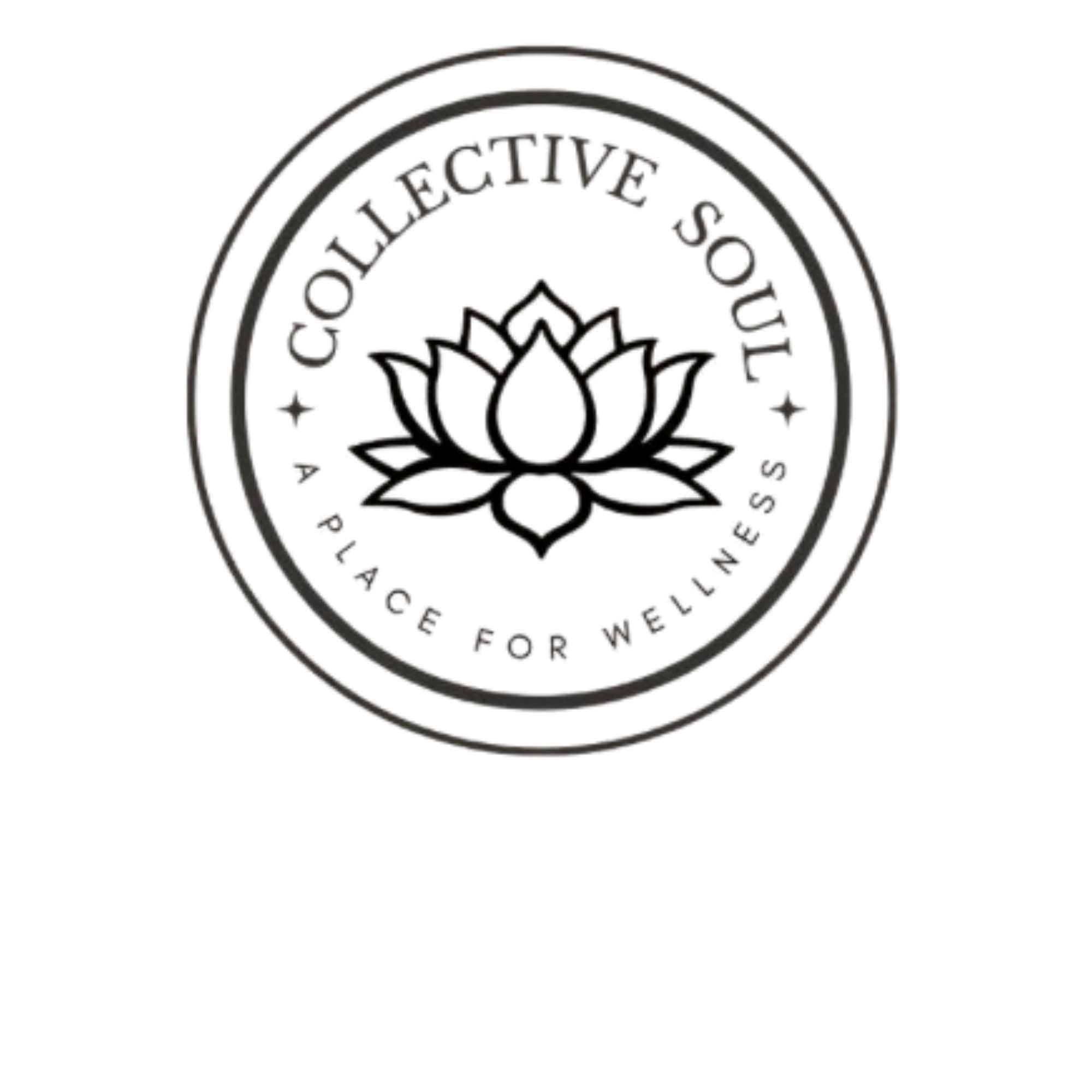 Close-up of a circular logo with the text 'Collective Soul' at the top and 'A Place for Wellness' at the bottom, featuring a stylized lotus flower in the center.