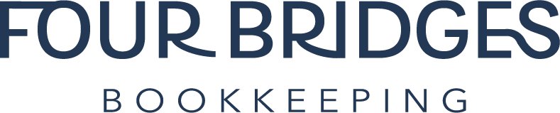 Text image with the words 'Four Bridges Bookkeeping' in blue font on a black background.