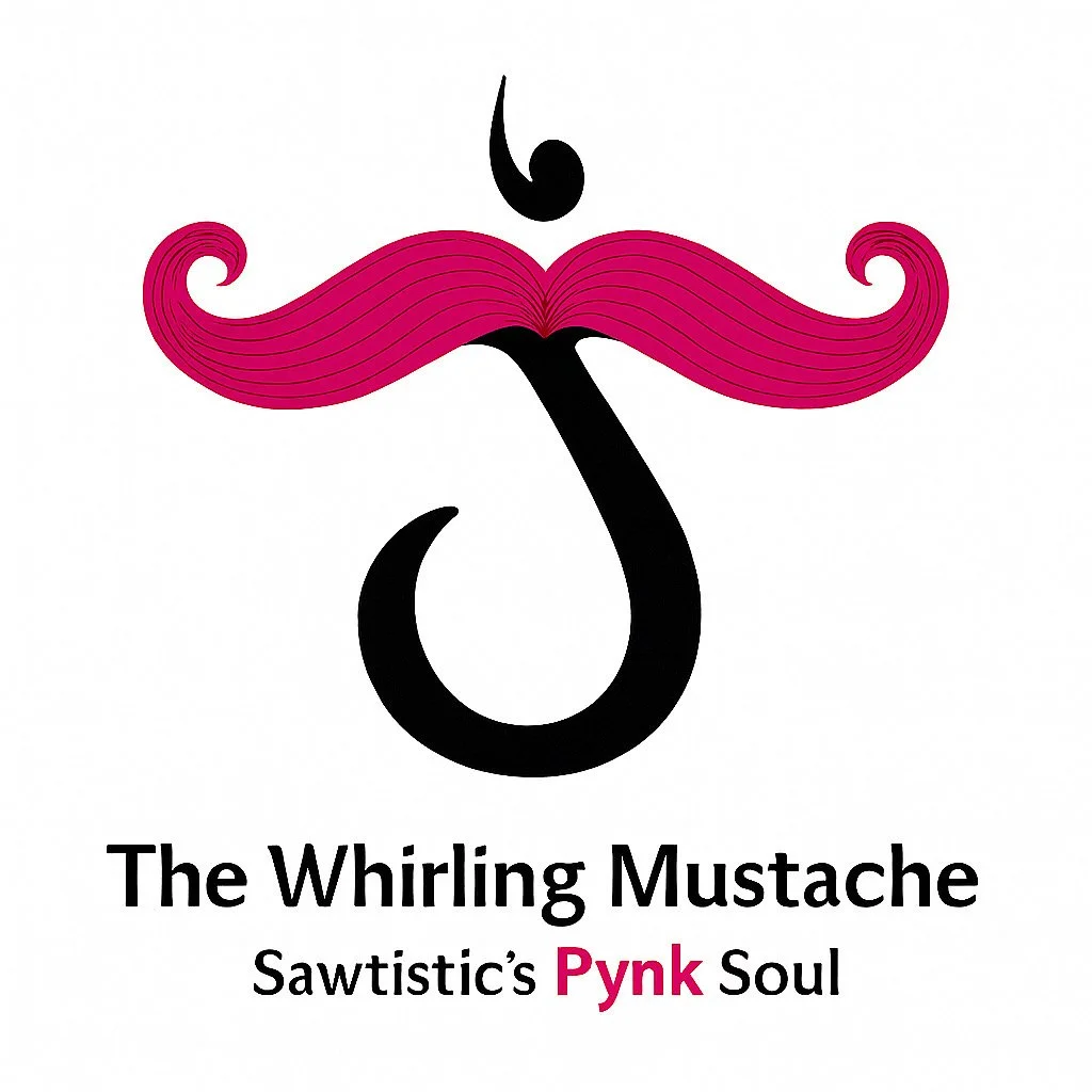 Logo featuring a pink mustache with lines, a black musical note above it, and black text below reading "The Whirling Mustache" with smaller black and pink text "Sawtistic's Pynk Soul".