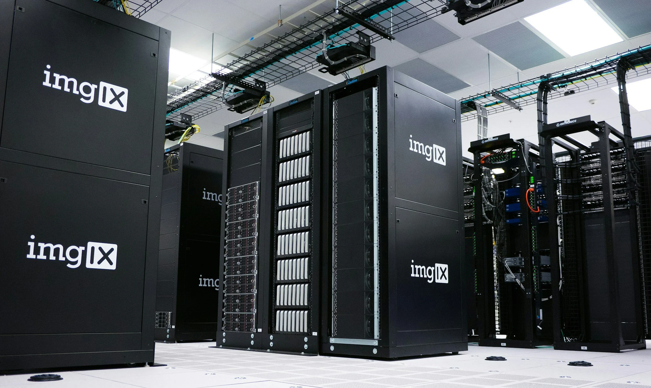 Data servers with 'imgIX' logos in a data center
