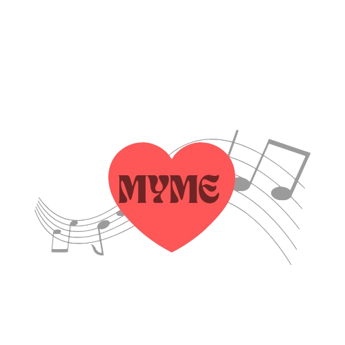 Pink heart with the word 'MIME' inside, surrounded by musical notes and staff lines.