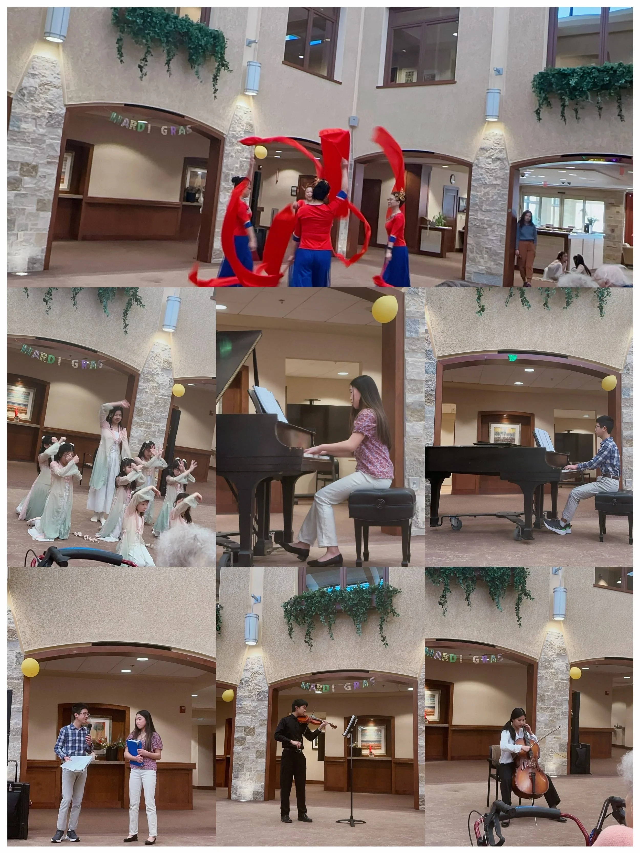 Collage of scenes from a Mardi Gras celebration inside a building with dancers, children, and musicians performing on stage and piano.