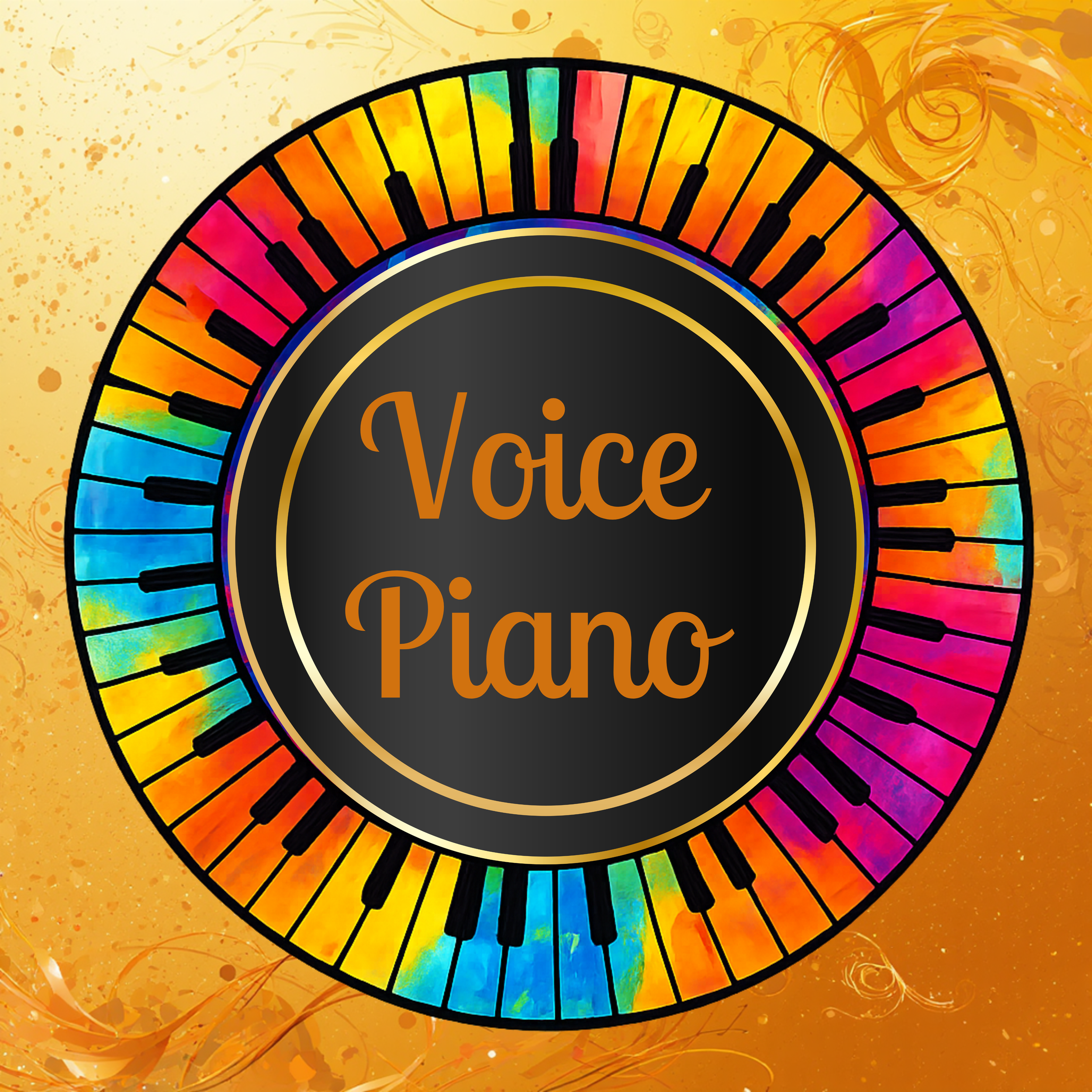 Colorful circular logo with piano keys surrounding a black center that says 'Voice Piano' in brown text, set against a yellow and orange abstract background.