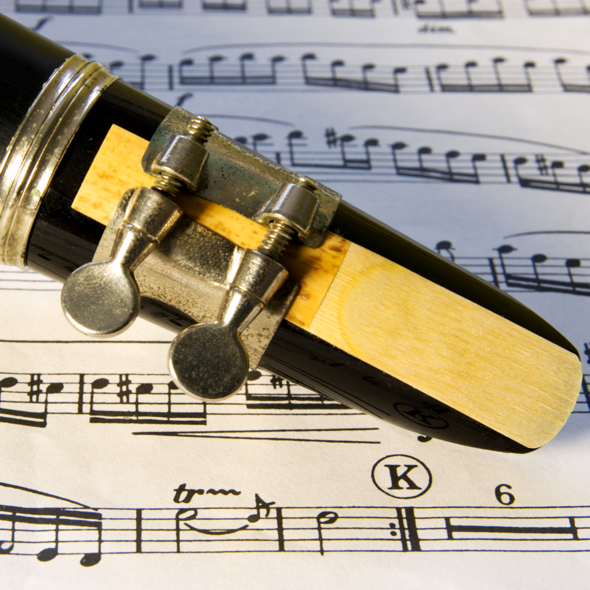 Close-up of a black clarinet resting on sheet music, with a wooden mouthpiece and metal ligature.