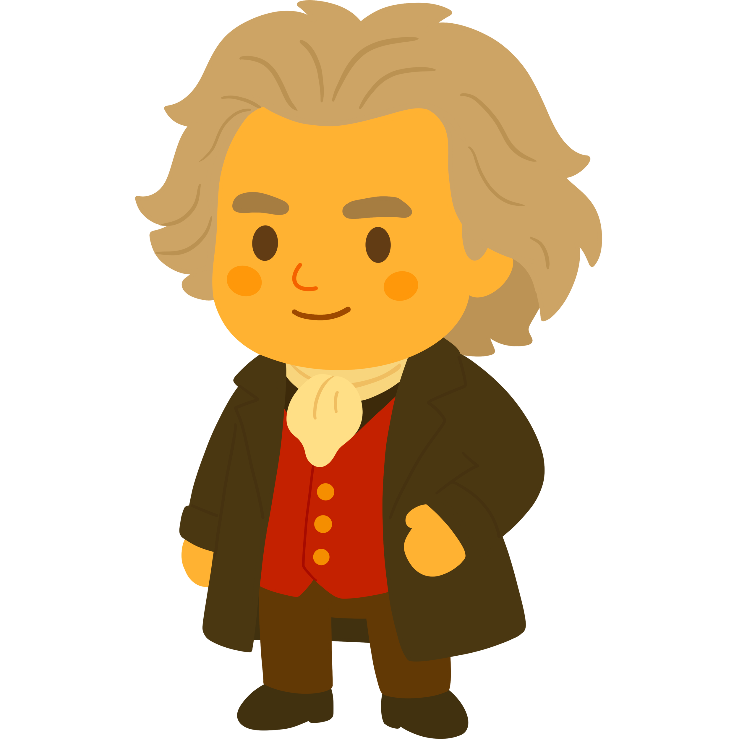 Cartoon figure of a man with gray, wavy hair, wearing historical clothing including a brown coat, a red vest with gold buttons, and a white cravat.