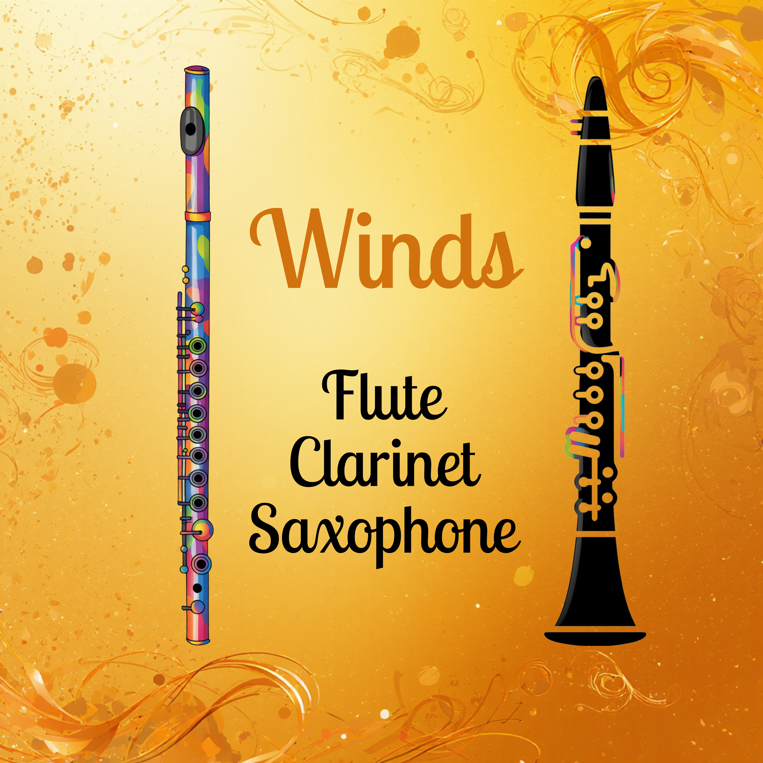 Colorful illustration of a flute and a saxophone on a yellow textured background with the word "Winds" and lists of musical instruments: Flute, Clarinet, Saxophone.