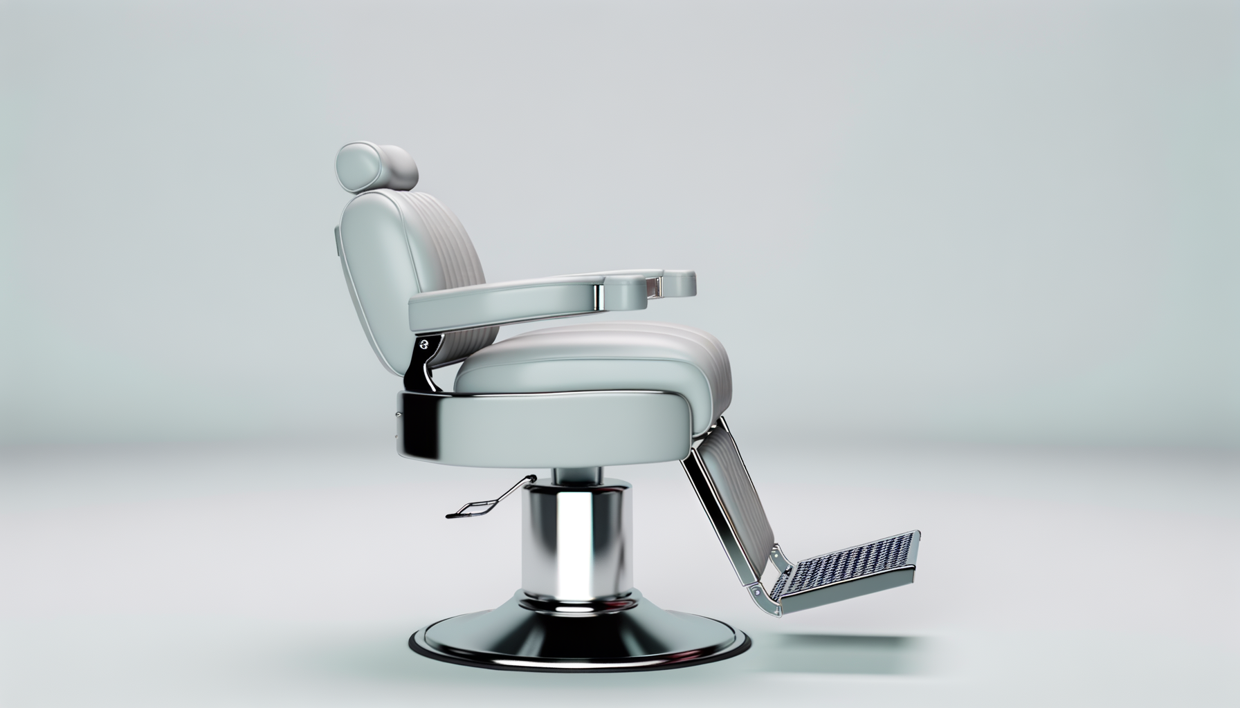 Modern, white, vintage barber chair with footrest and reclining backrest, isolated on gray background.