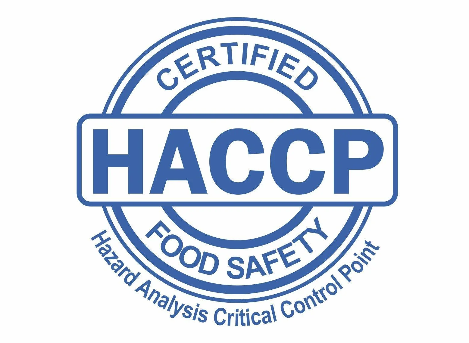 HACCP certification badge with a circular design and the words 'Certified HACCP Food Safety' and 'Hazard Analysis Critical Control Point'.