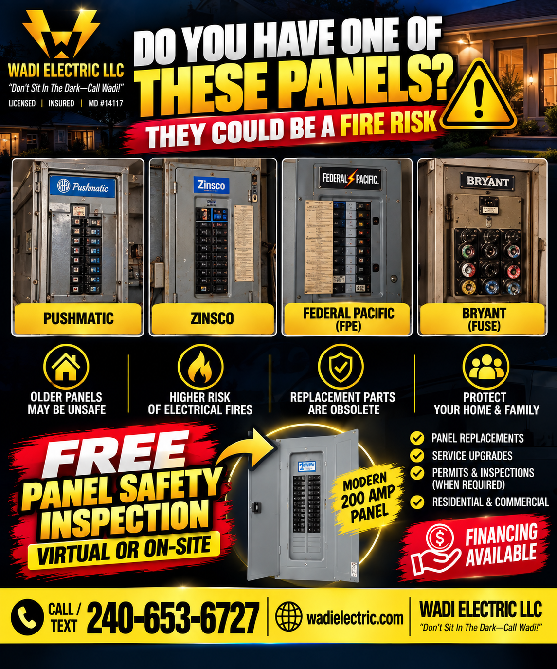 An infographic warning about the fire risk of older electrical panels and promoting modern 200 AMP panels by Wadi Electric LLC, offering free safety inspections, panel replacements, service upgrades, permits, inspections, and financing options.
