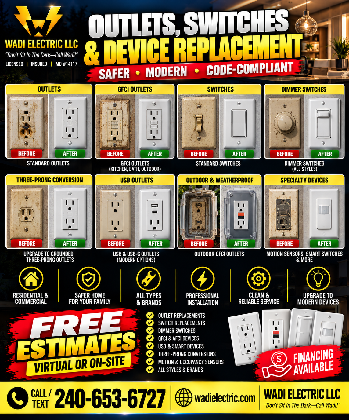 An advertisement for Wadi Electric LLC showcasing before and after images of various electrical outlets, switches, dimmer switches, GFCI outlets, USB outlets, outdoor weatherproof outlets, and specialty devices, emphasizing upgrades to modern, safer, and code-compliant options.