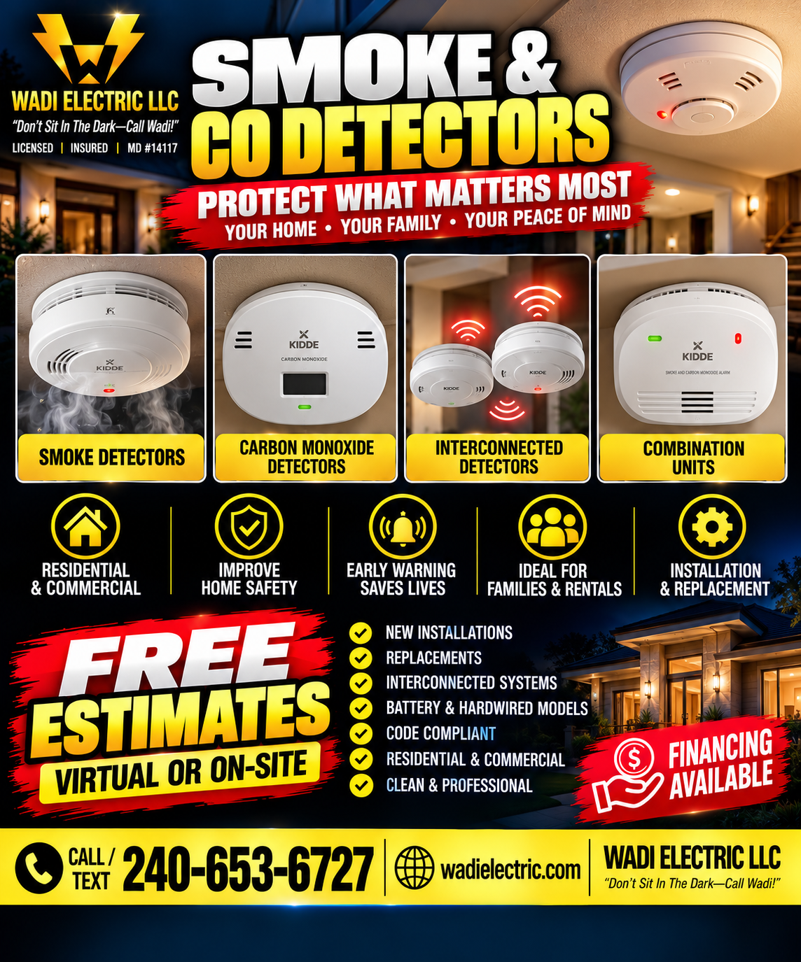 An advertisement for WADI Electric LLC promoting smoke and CO detectors, carbon monoxide detectors, interconnected detectors, and combination units. The ad highlights the importance of protecting home and family, with free estimates available and financing options. It features images of various detectors and contact information at the bottom.