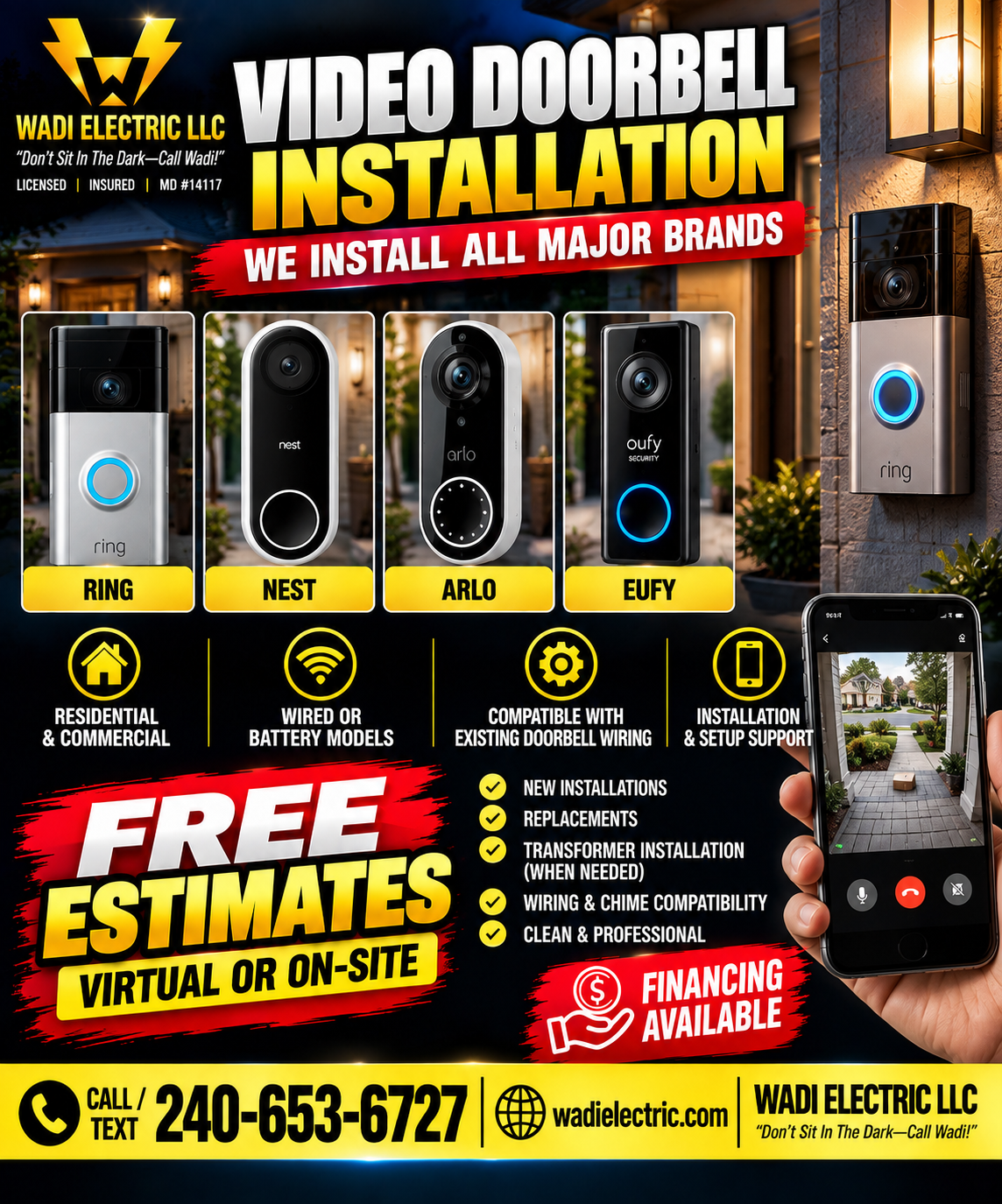Advertisement for WADI Electric LLC offering video doorbell installation services, featuring images of different doorbell models and a person using a smartphone to monitor a doorbell camera. Highlights include installation support, free estimates, and service for residential and commercial clients.