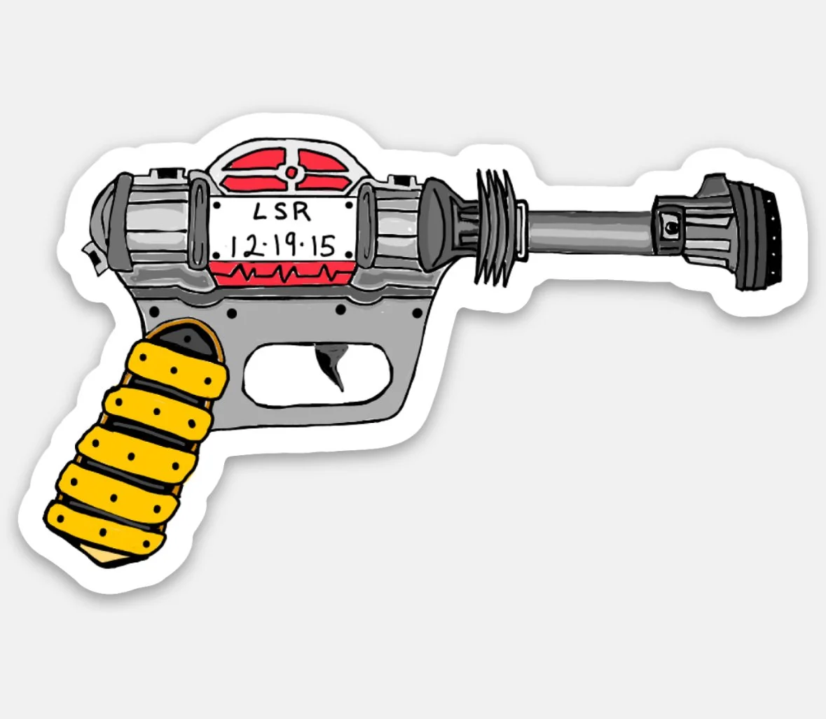 Illustration of a futuristic weapon with a yellow coiled grip, gray body, and red and black accents.