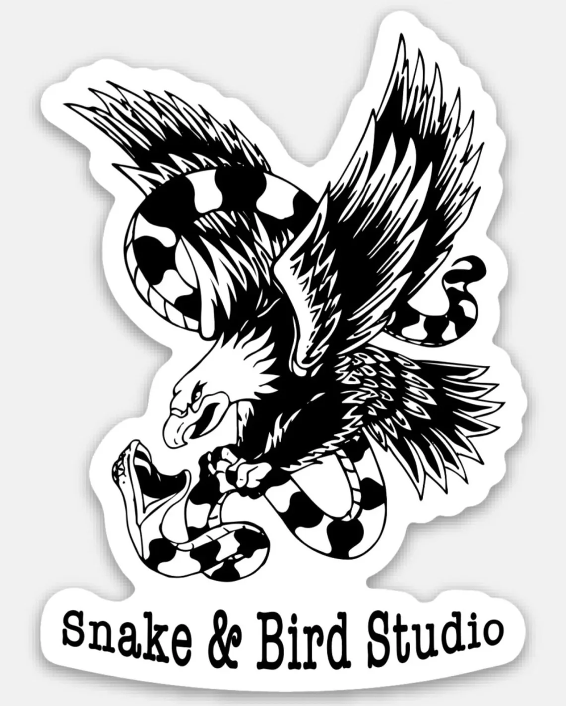 A black and white illustration of a snake biting an eagle's claw, with bird wings and the text 'Snake & Bird Studio' underneath.