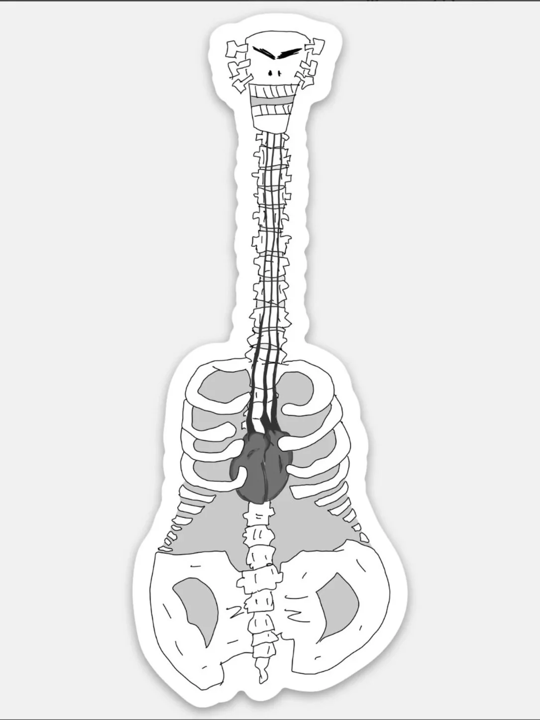A black and white illustration of a guitar skeleton with a cartoonish skull at the top, featuring angry eyebrows and a wide grin.
