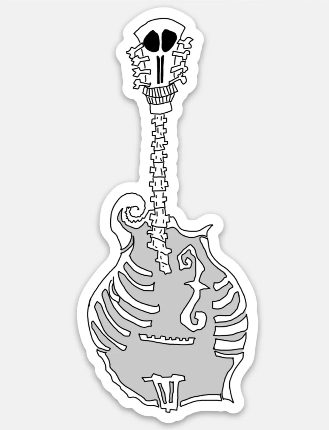 Black and white illustration of a Mandolin skeleton with a ribcage