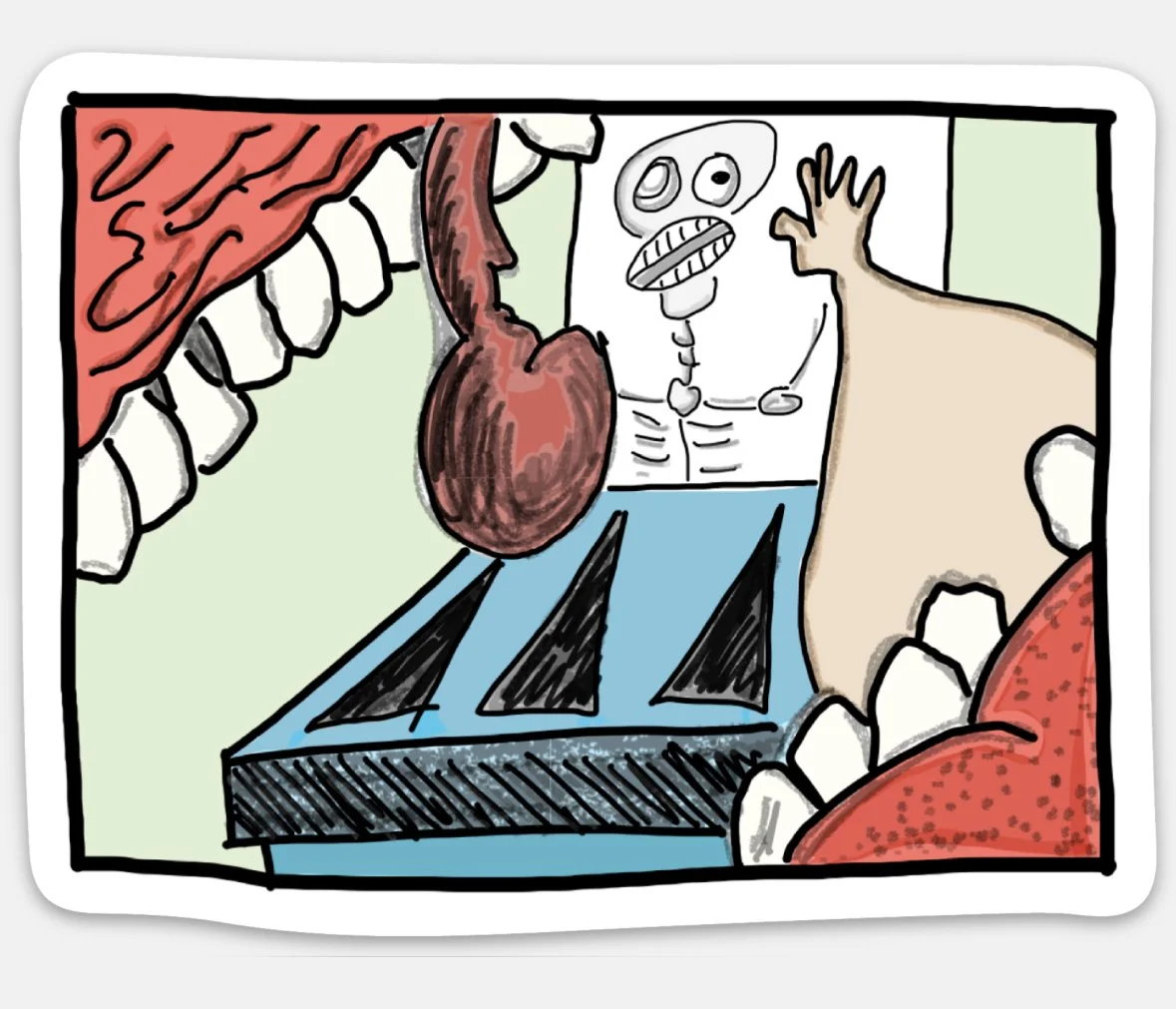 Drawing of teeth and bones with a tongue and a cartoon skeleton in the mirror in the foreground.